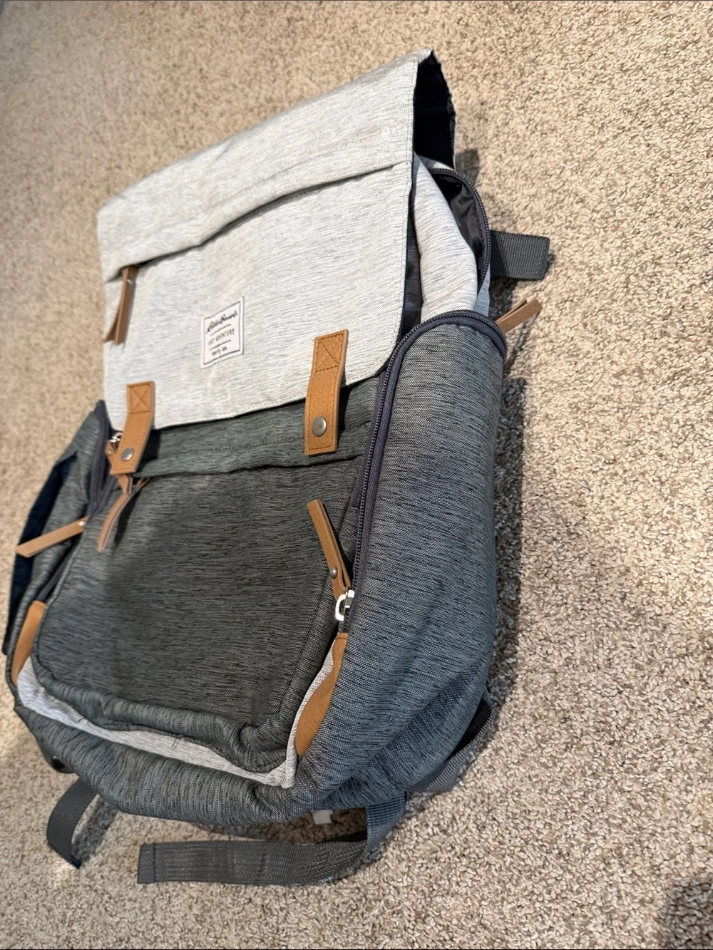 Eddie Bauer Light Gray and Dark Gray diaper Backpack with Tan Accents